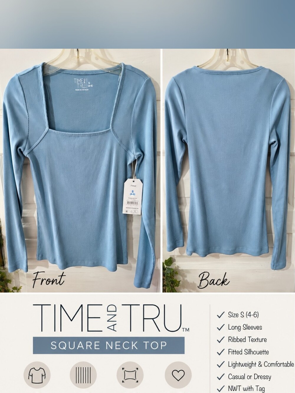 Time and Tru Ribbed Square Neck Top Blue Long Sleeve NWT Size S